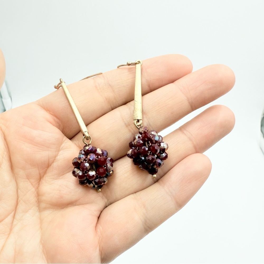 Gold Tone Red Beaded Ball Murano Glass Earrings - Picture 4 of 6